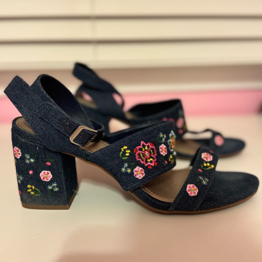 Impo Dark Blue Denim Floral Embroidered Block Heel Sandals